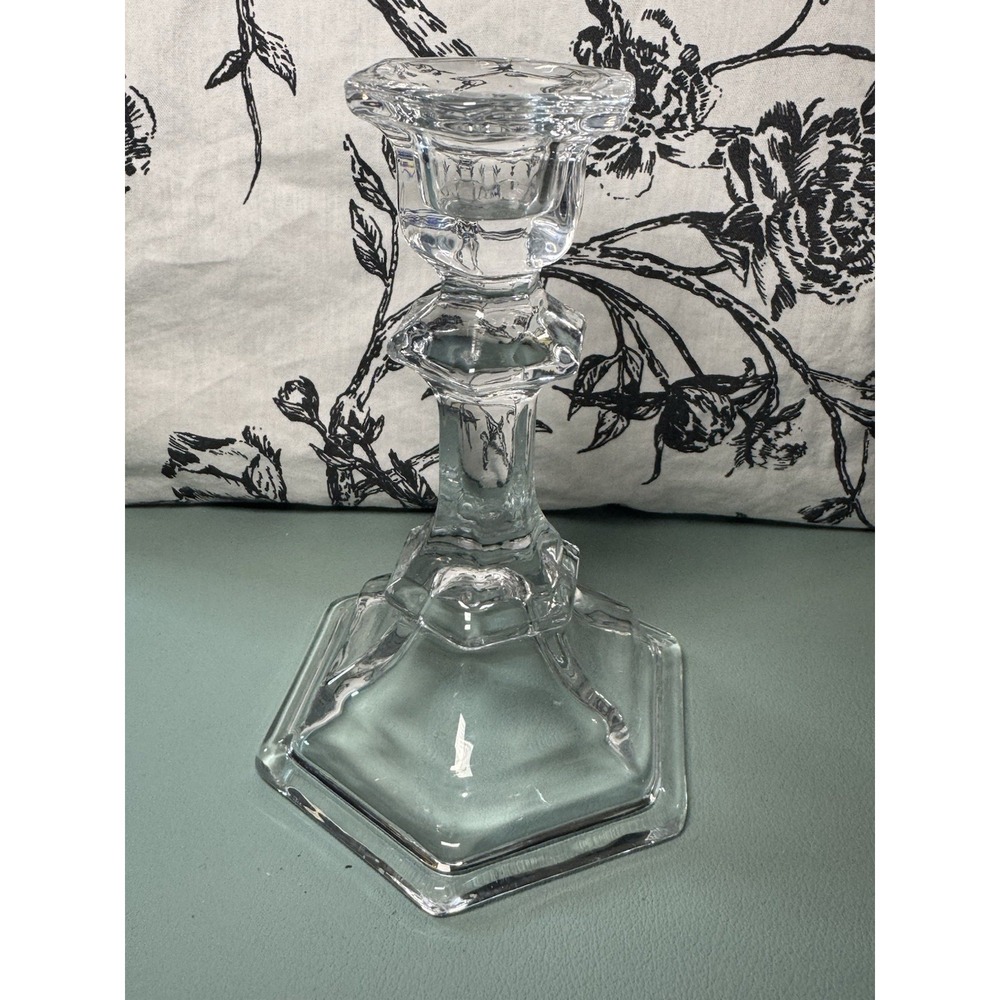 Vintage Clear Crystal Glass Candlestick Multi-Faceted Geometric Stem Hexagonal
